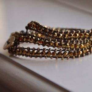 Sparkling Gold Beaded Leather Triple Wrap Bracelet